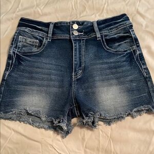 Blue High-Waisted Jean Shorts with Frayed Hem